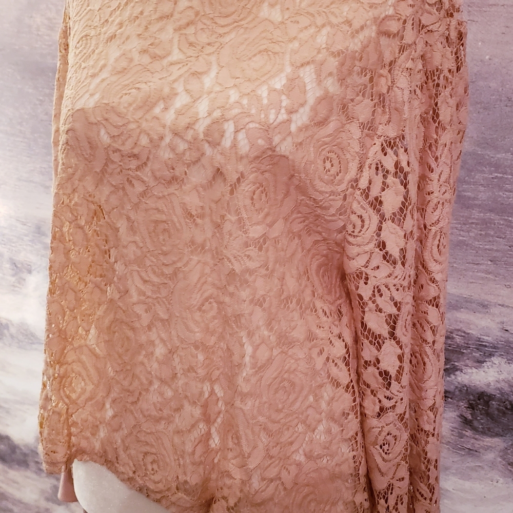 Women's Eyeshadow pale pink long sleeved lace top.